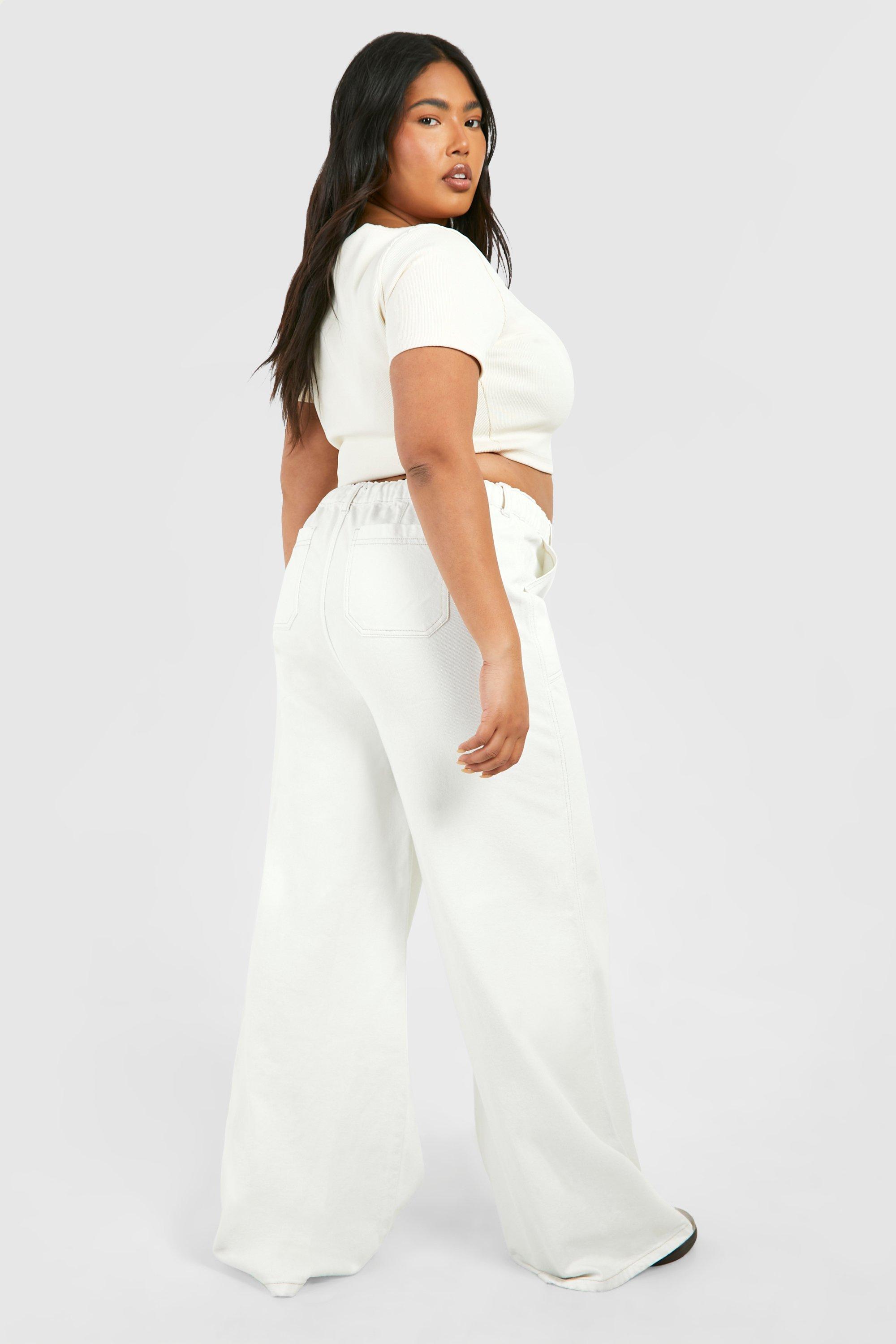 Plus Ecru Drawstring Waistband Wide Leg Jeans