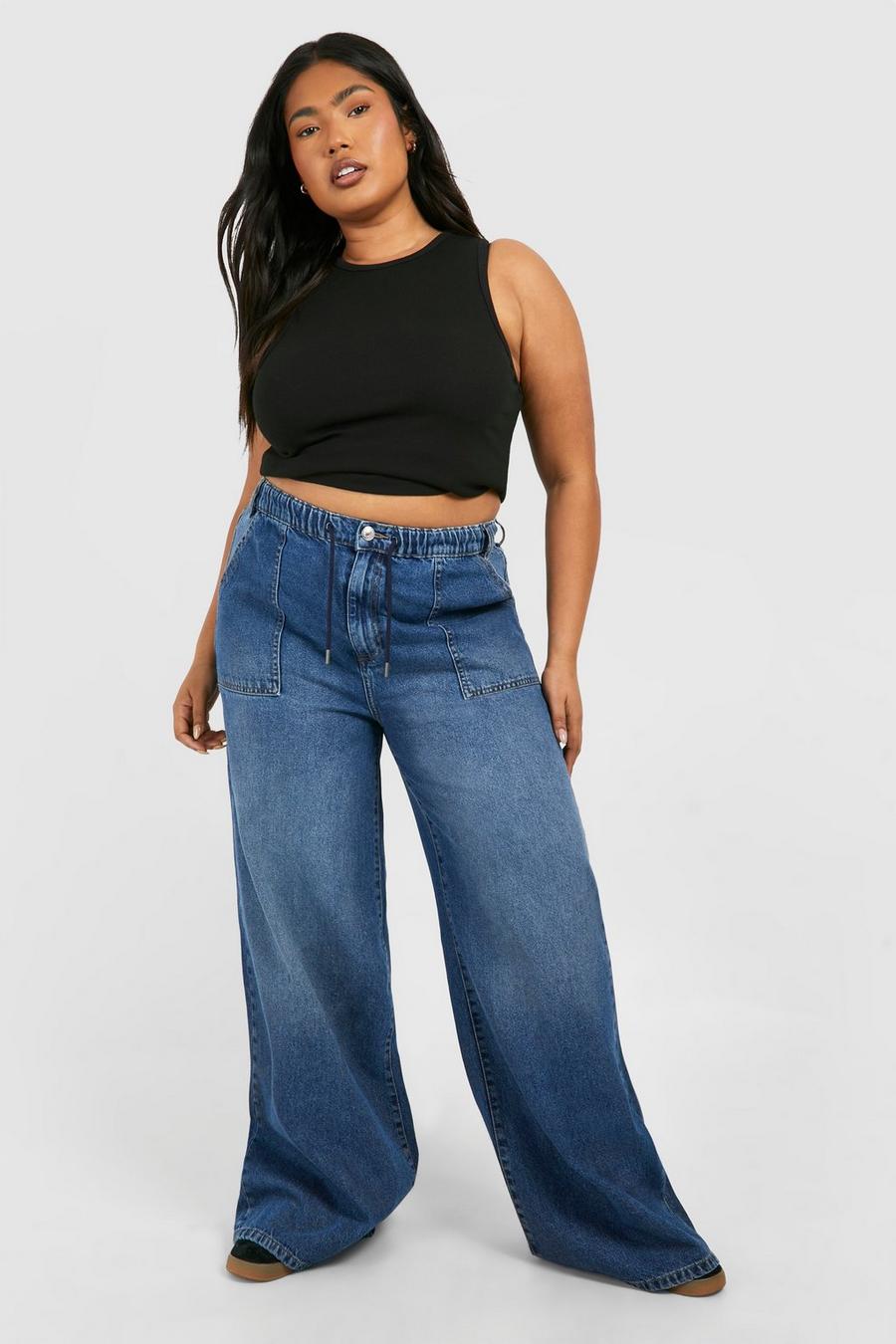 Mid blue Plus Elasticated Waistband Wide Leg Jeans image number 1