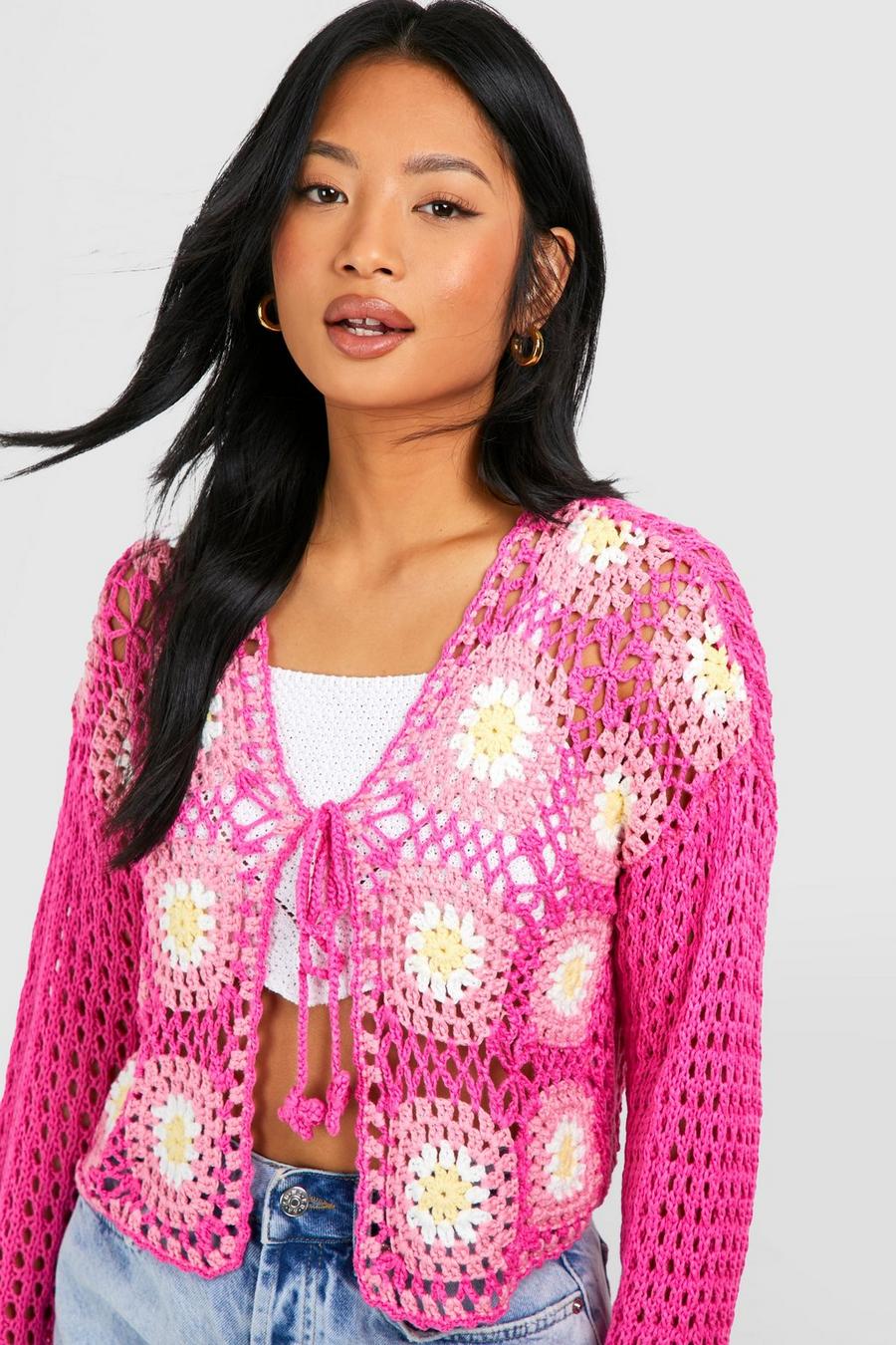 Pink Petite Patchwork Crochet Tie Front Cardigan