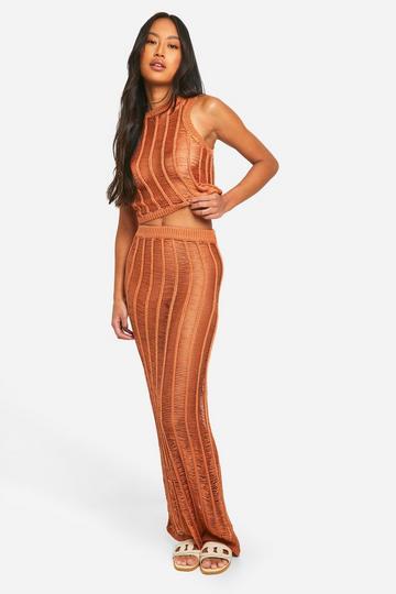 Ladder Stitch Racer Top And Maxi Skirt Knitted Set rust