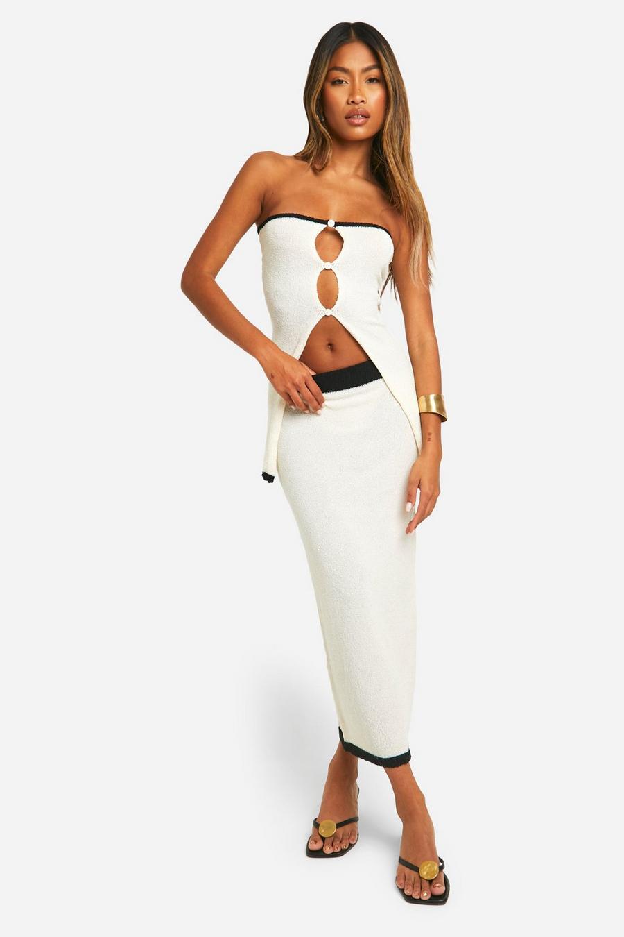 Ivory Contrast Binding Towelling Bandeau Top And Skirt Knitted Set image number 1