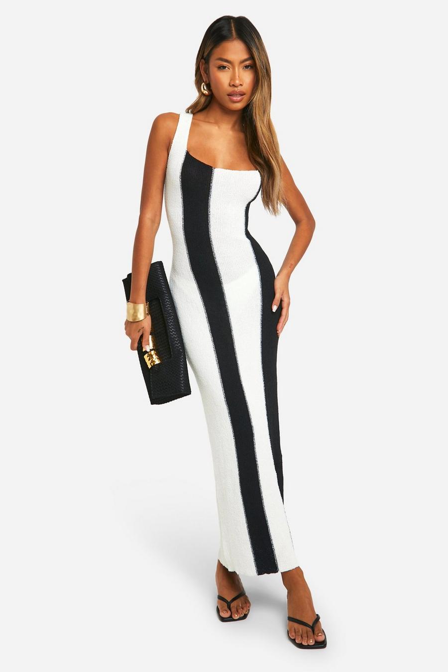 White Monochrome Wide Stripe Sleeveless Knitted Maxi Dress image number 1
