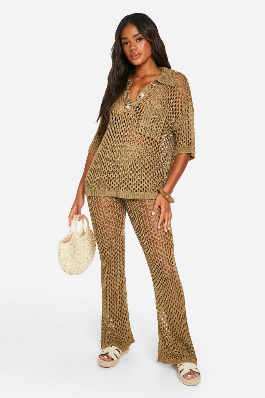 Khaki Open Stitch Collared Top And Wide Leg Pants Knitted Co-Ord image number 1