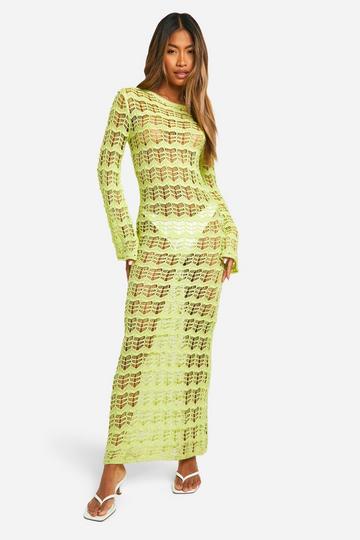 Pointelle Lace Up Back Detail Knitted Maxi Dress lime