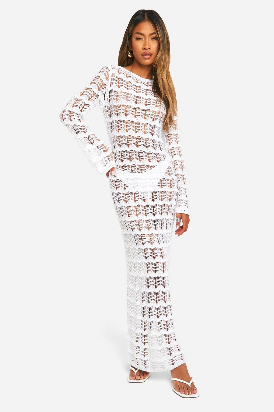 White Pointelle Lace Up Back Detail Knitted Maxi Dress image number 1