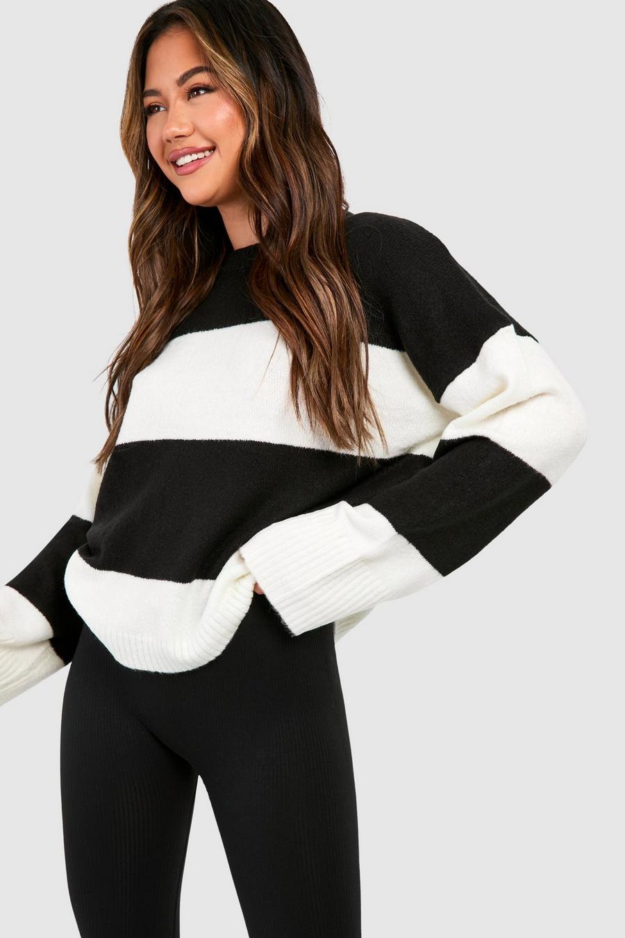 Rundhals-Pullover mit breiten Streifen, Black