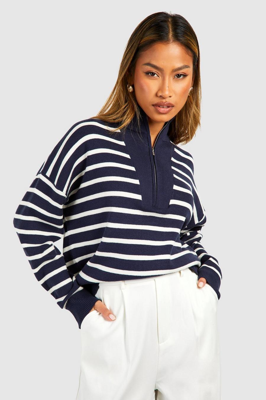 Navy Half Zip Stripe Sweater image number 1