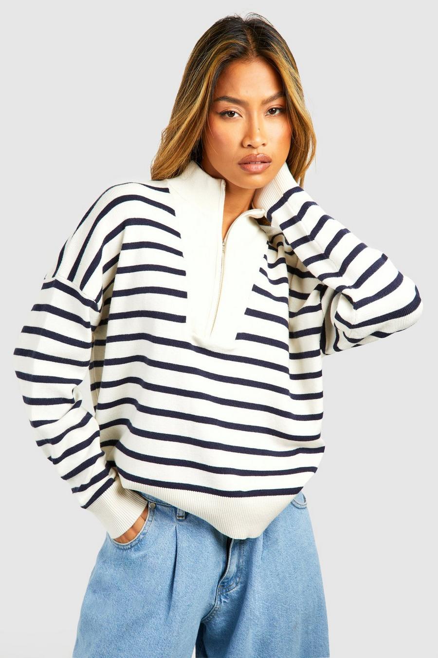 Ivory Half Zip Stripe Sweater image number 1