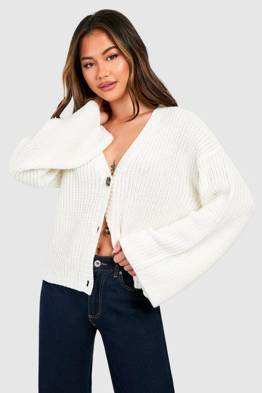 White Wide Sleeve Fisherman Knit Button Through Cardigan  image number 1