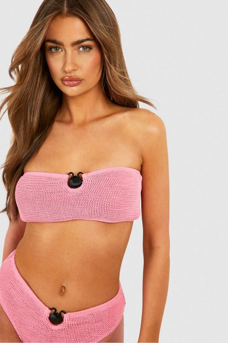 Top bikini a fascia effetto goffrato con motivi Shell, Dusty rose