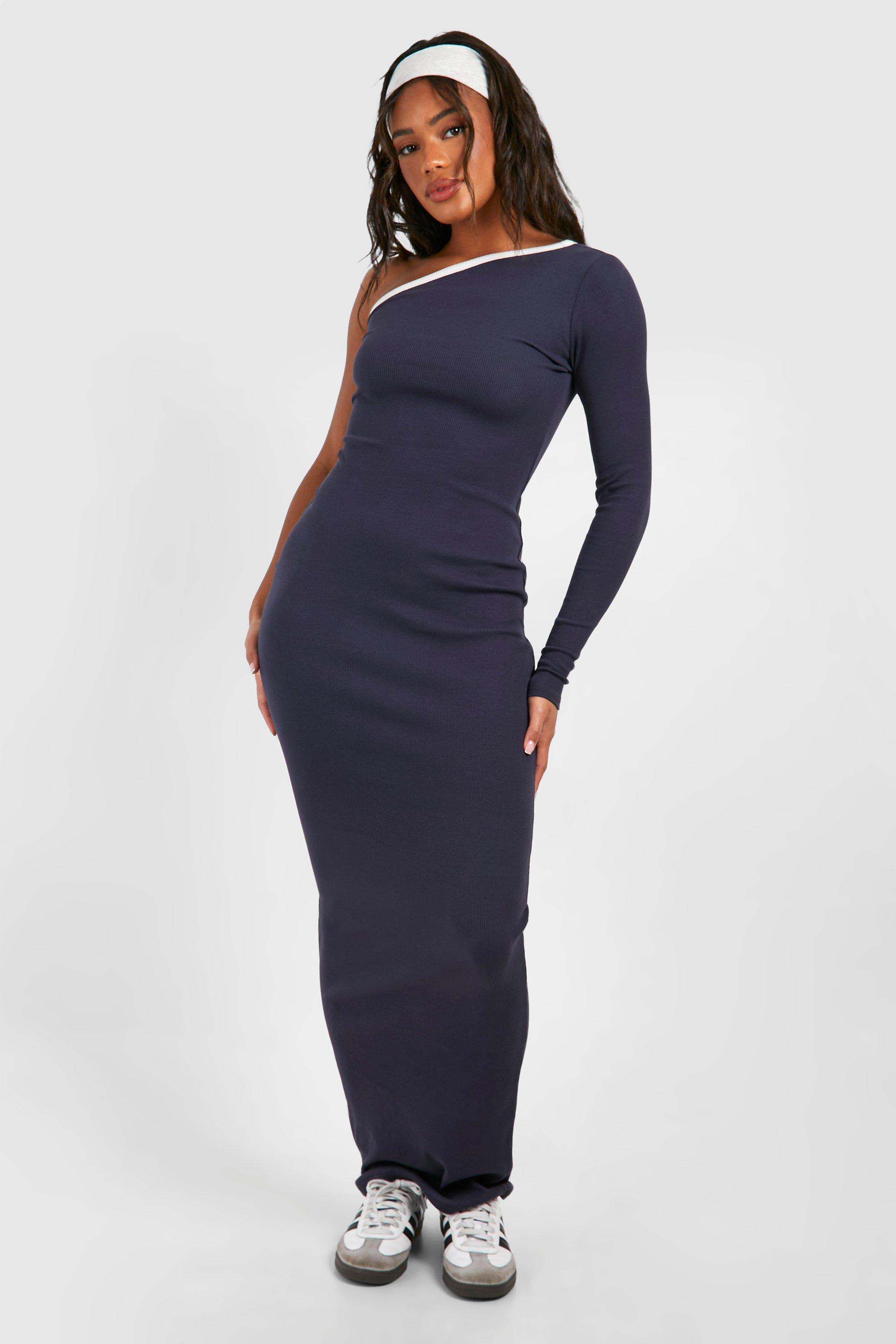 Premium Contrast Rib One Shoulder Maxi Dress boohoo NZ