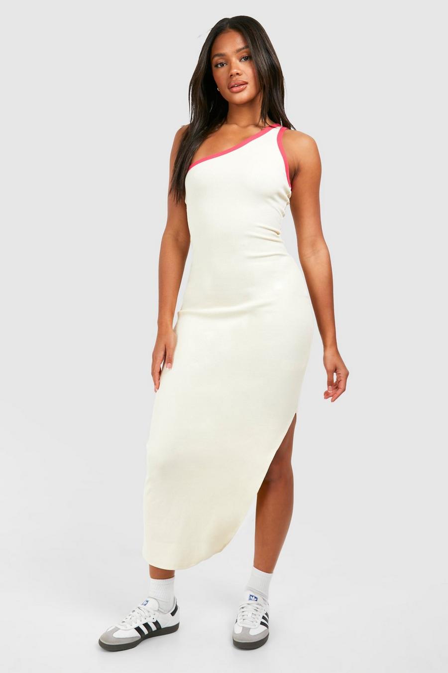 Cream Premium Contrast Rib One Shoulder Midaxi Dress image number 1
