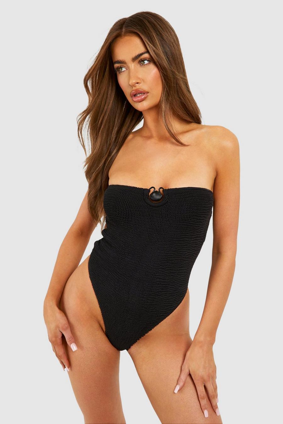 Black Shell Crinkle Bandeau Swimsuit