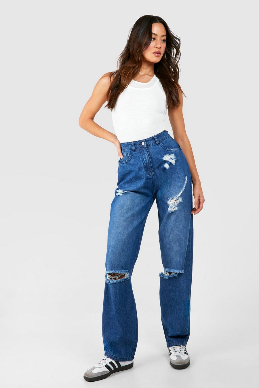 Tall Washed Blue Distressed Straight Leg Jeans image number 1