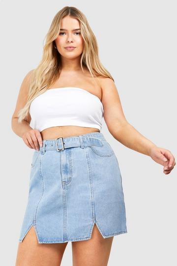 Plus Split Hem Buckle Belt Denim Skirt blue