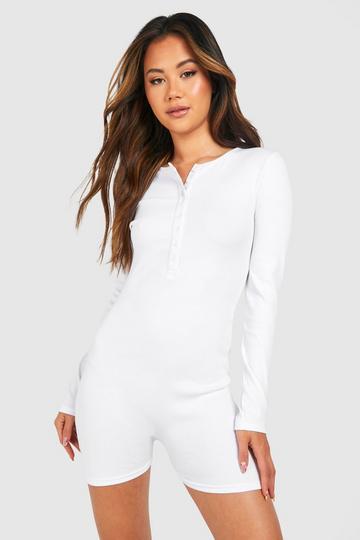 Rib Button Front Romper white