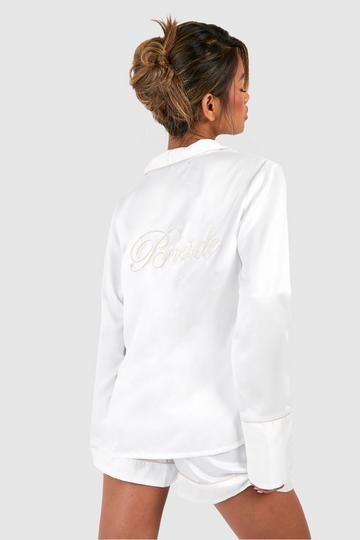 Cream White Bride Embroidered Long Sleeve Shirt & Short Set