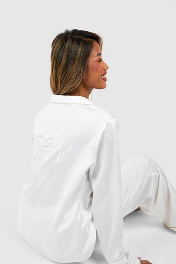Cream White Bride Embroidered Long Sleeve Shirt & Trouser Set