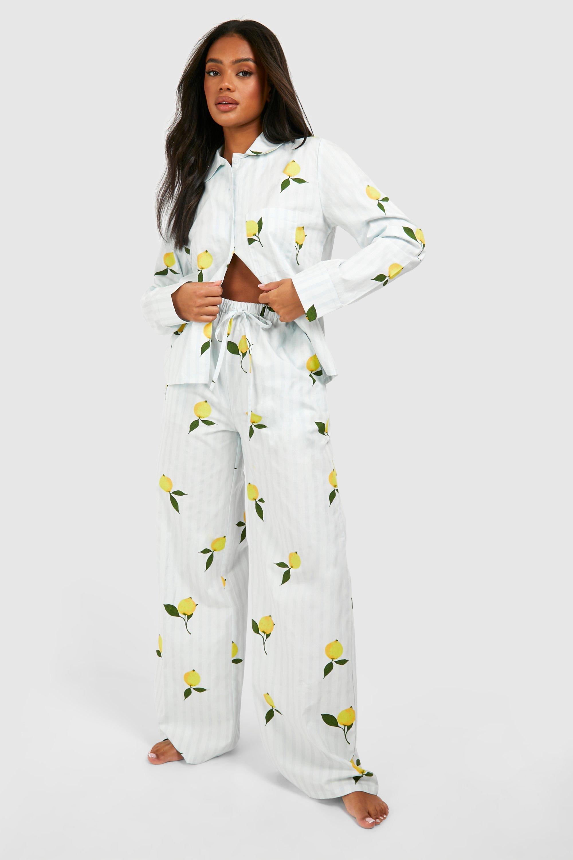 Cotton Poplin Lemon Stripe Long Sleeve Pyjama Shirt