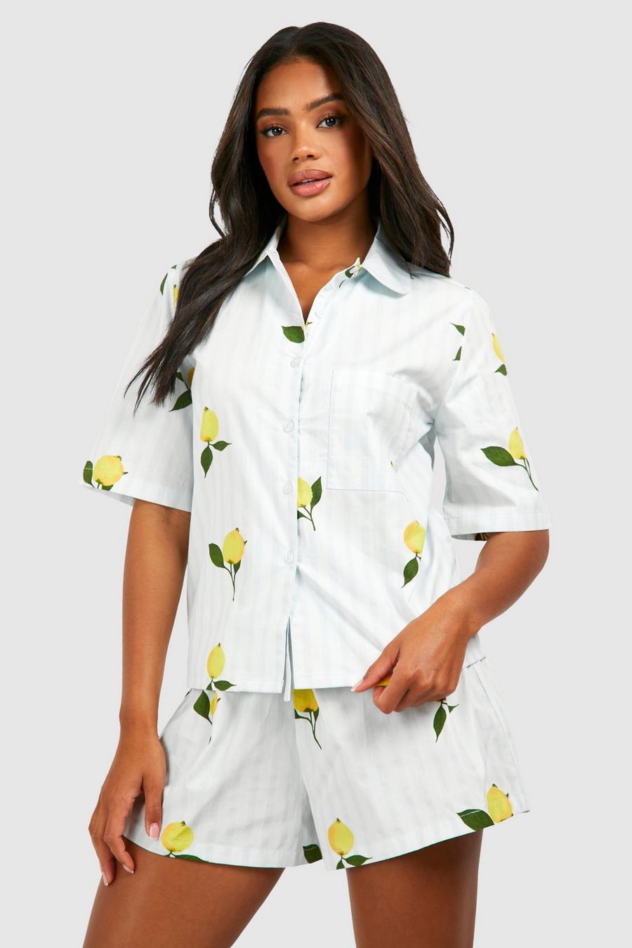 Camicia pigiama a maniche corte in cotone popeline a righe color limone, Blue image number 1