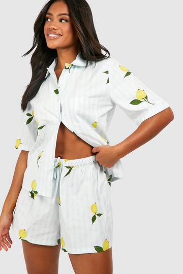 Cotton Poplin Lemon Stripe Pajama Short blue