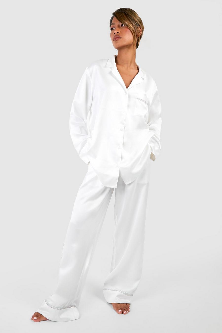 White Bridal Rhinestone Shirt And Pants Pajama Set image number 1