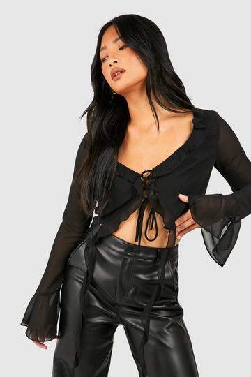 Petite Ruffle Detail Tie Front Top black