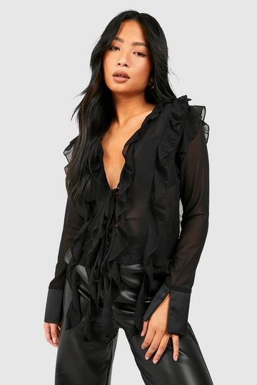 Petite Ruffle Detail Tie Front Top black