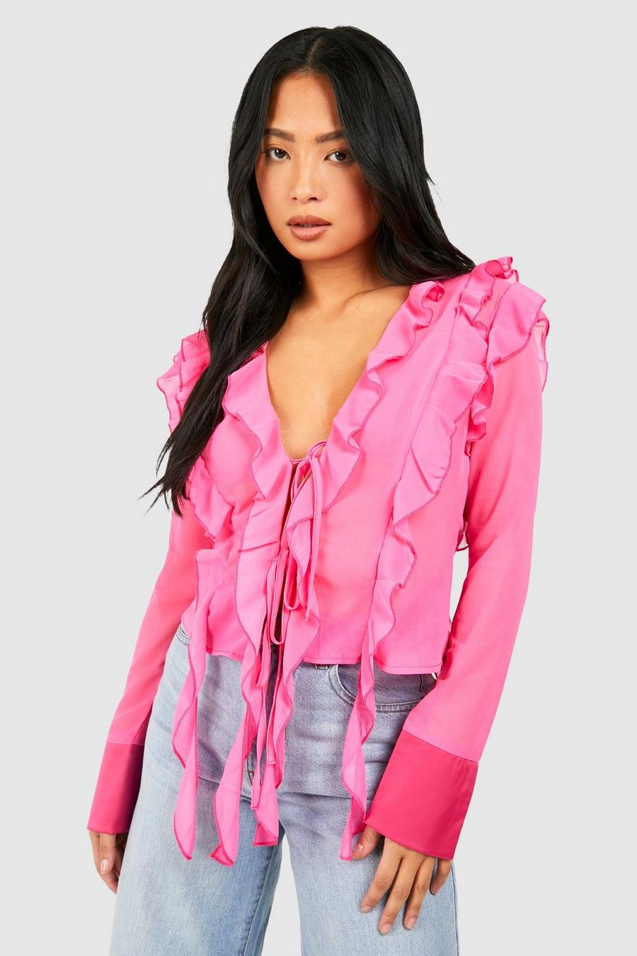 Bright pink Petite Ruffle Detail Tie Front Top 