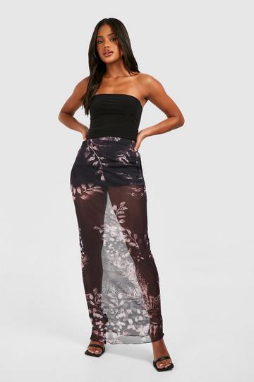 Black Mesh Floral Printed Maxi Skirt