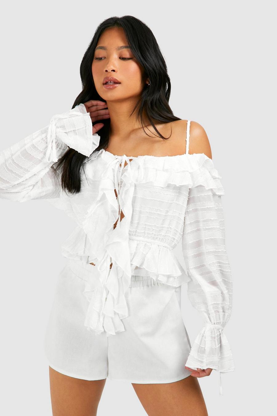 Ivory Pettie Ruffle Detail Off The Shoulder Top 