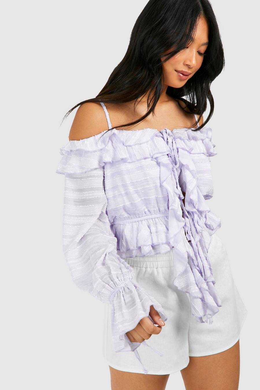 Lilac Pettie Ruffle Detail Off The Shoulder Top