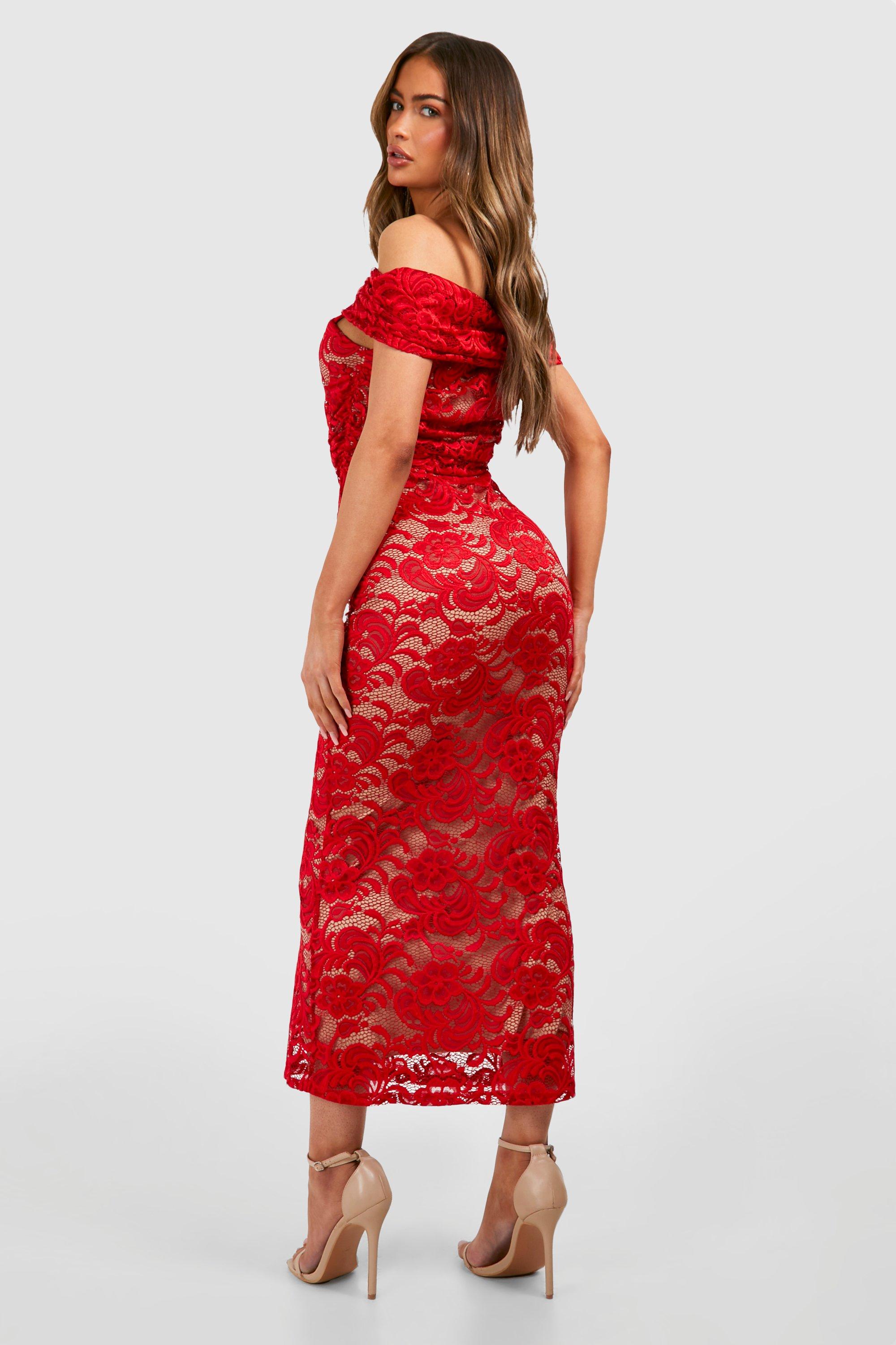 Boohoo red hot sale bardot dress