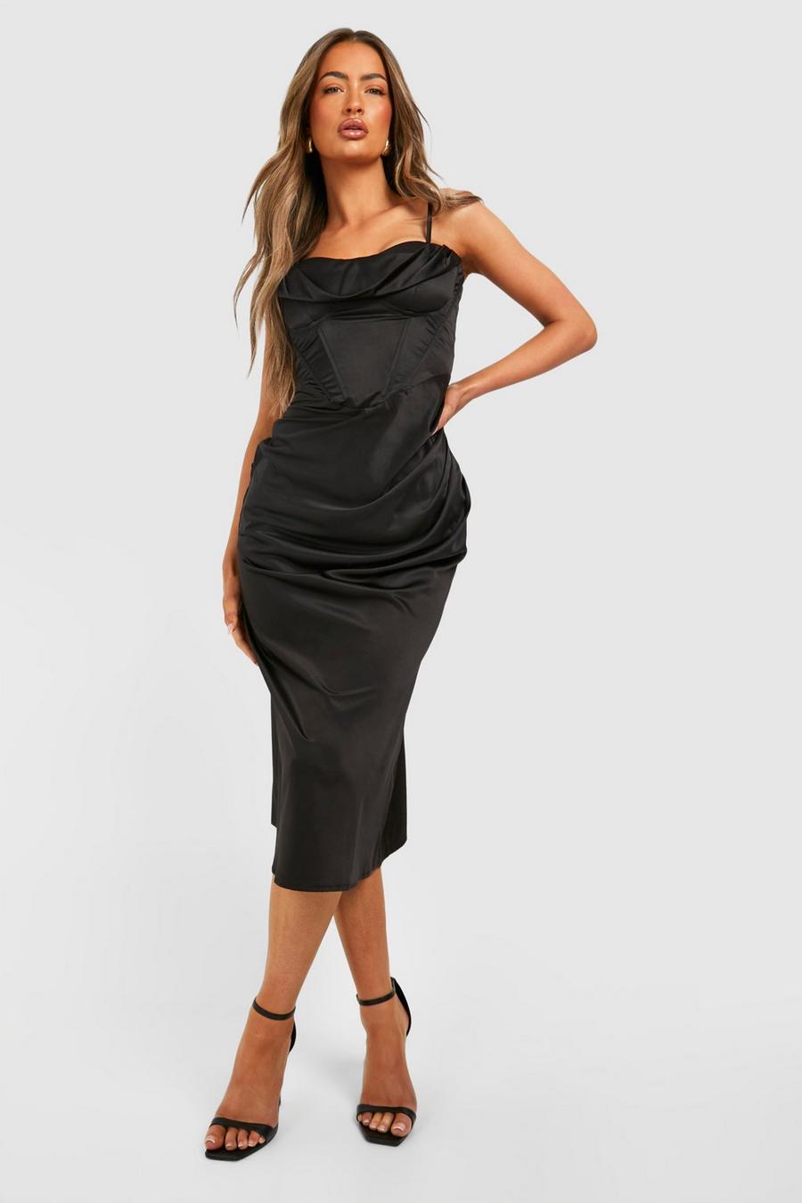 Vestito longuette in raso con drappeggio stile corsetto, Black image number 1