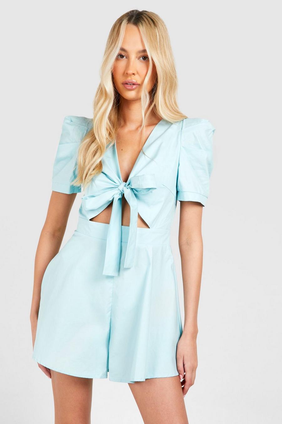 Baby blue Tall Cotton Poplin Tie Front Playsuit  image number 1