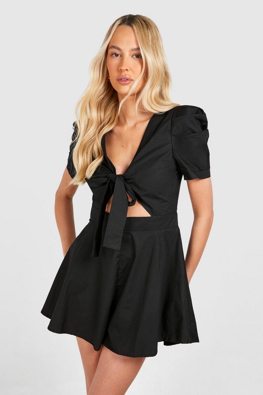 Black Tall Cotton Poplin Tie Front Playsuit  image number 1