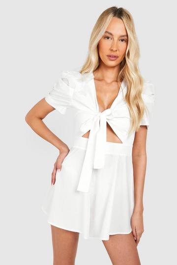 White Tall Cotton Poplin Tie Front Romper