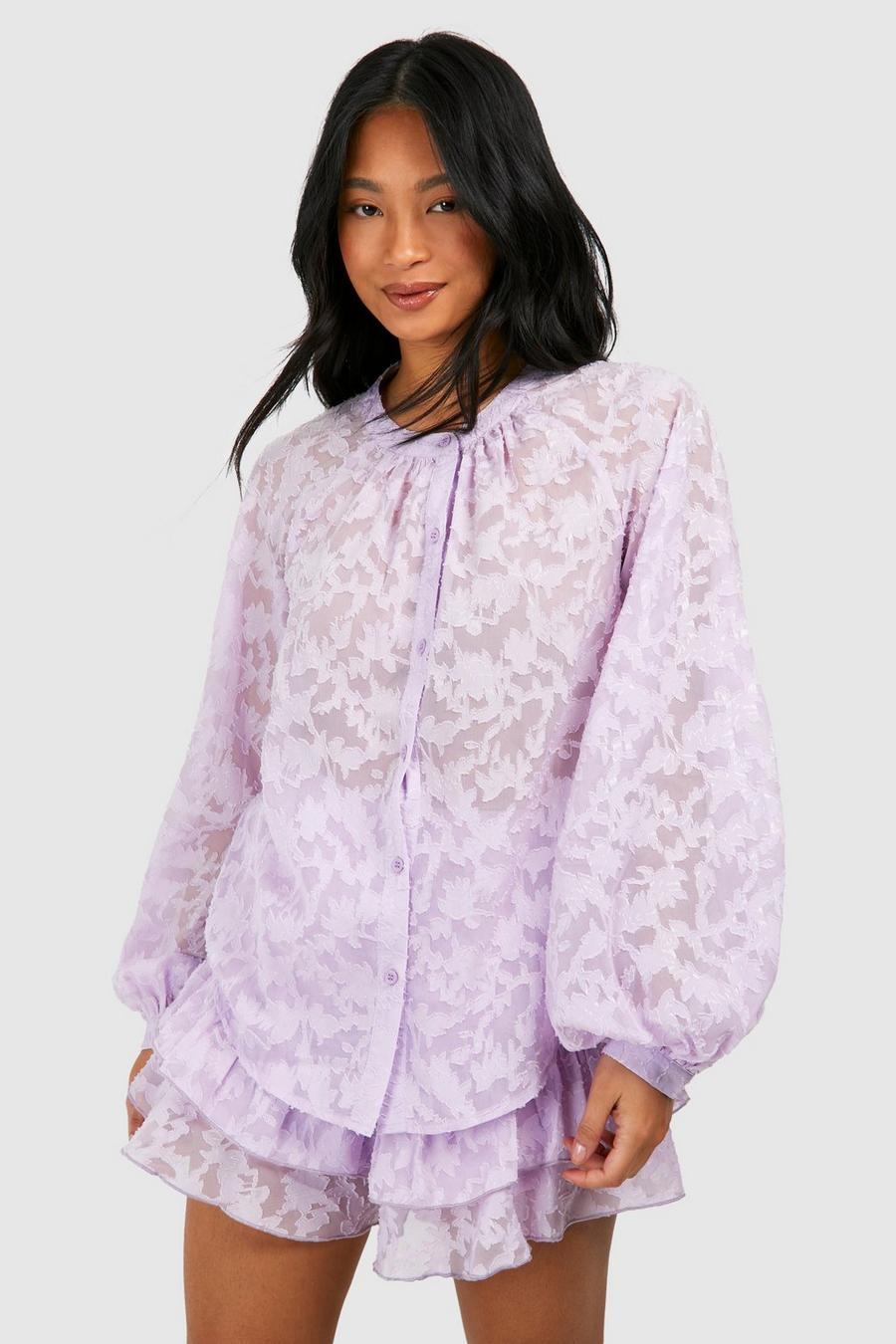Lilac Petite Sheer Textured Fabric Beach Shirt  image number 1