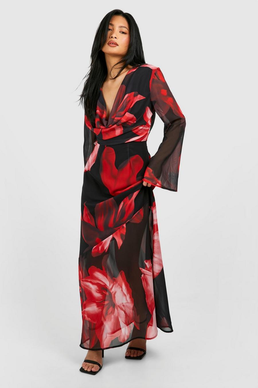 Red Petite Bold Floral Cowl Detail Maxi Dress  image number 1