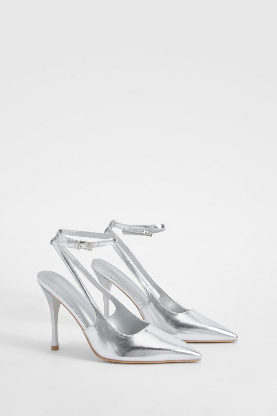 Zapatos de salón metálicos con abertura y cordones cruzados, Silver image number 1