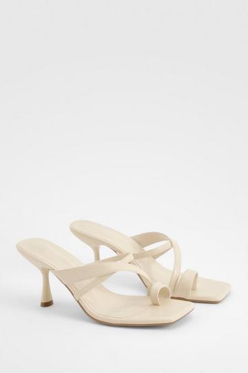 Asymmetric Strap Padded Toe Post Heeled Mules beige