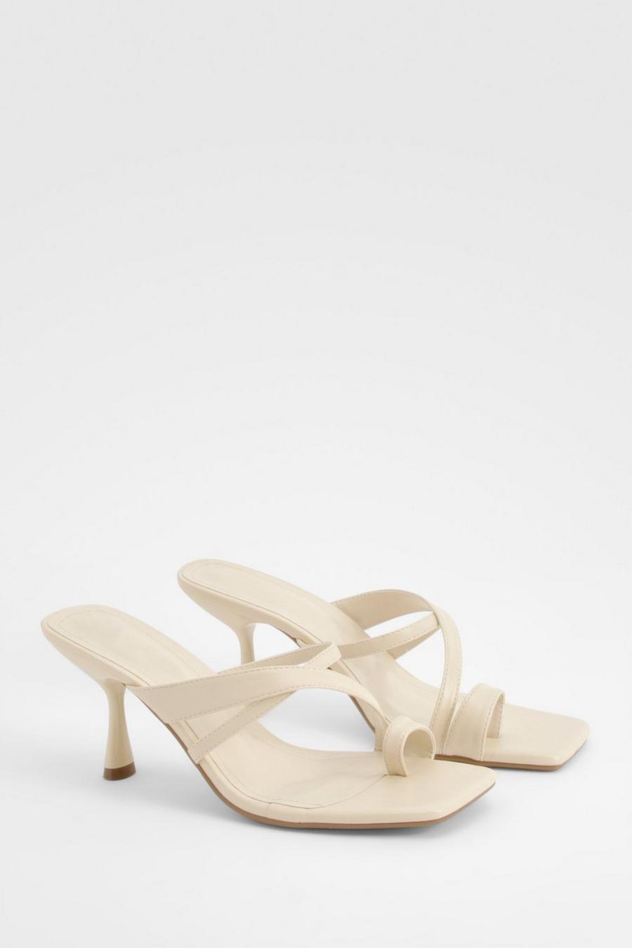 Beige Asymmetric Strap Padded Toe Post Heeled Mules  image number 1