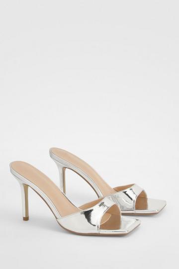 Silver Metallic Patent Square Toe Heeled Mules