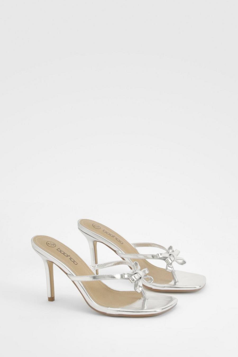 Silver Toe Post Bow Detail Heeled Mules 