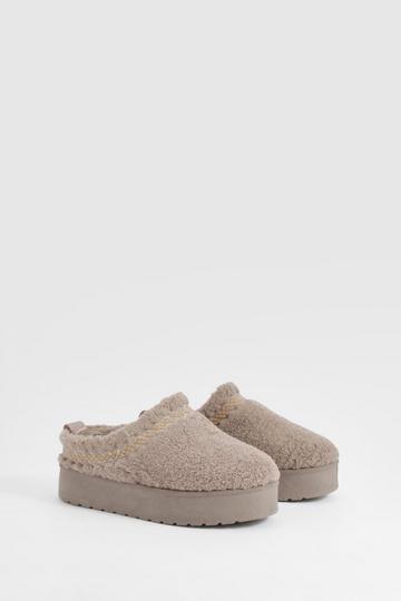 Borg Embroidered Platform Cosy Mules taupe