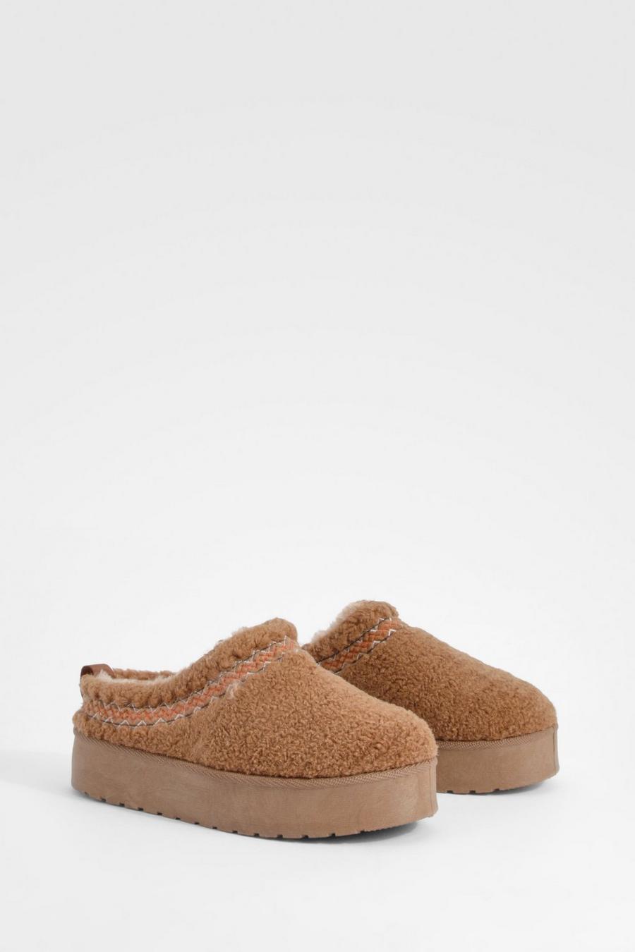 Chestnut Borg Embroidered Platform Cosy Mules 