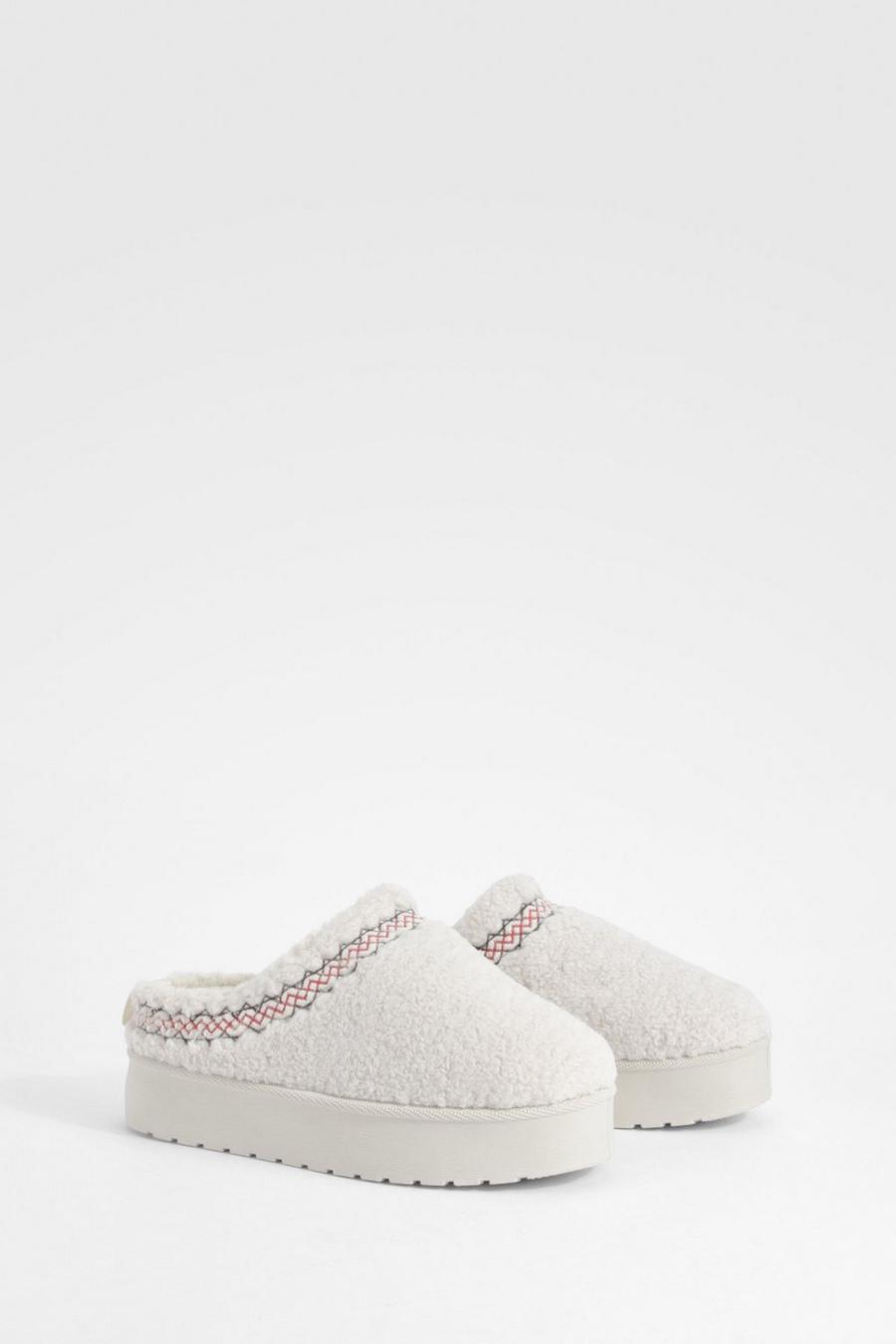 Cream Borg Embroidered Platform Cosy Mules image number 1
