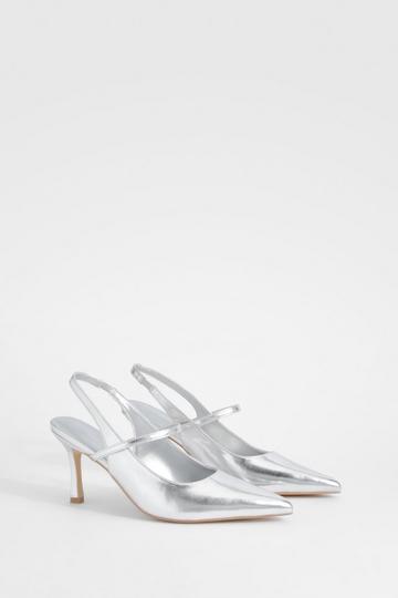 Silver Wide Width Slingback Strap Detail Pumps