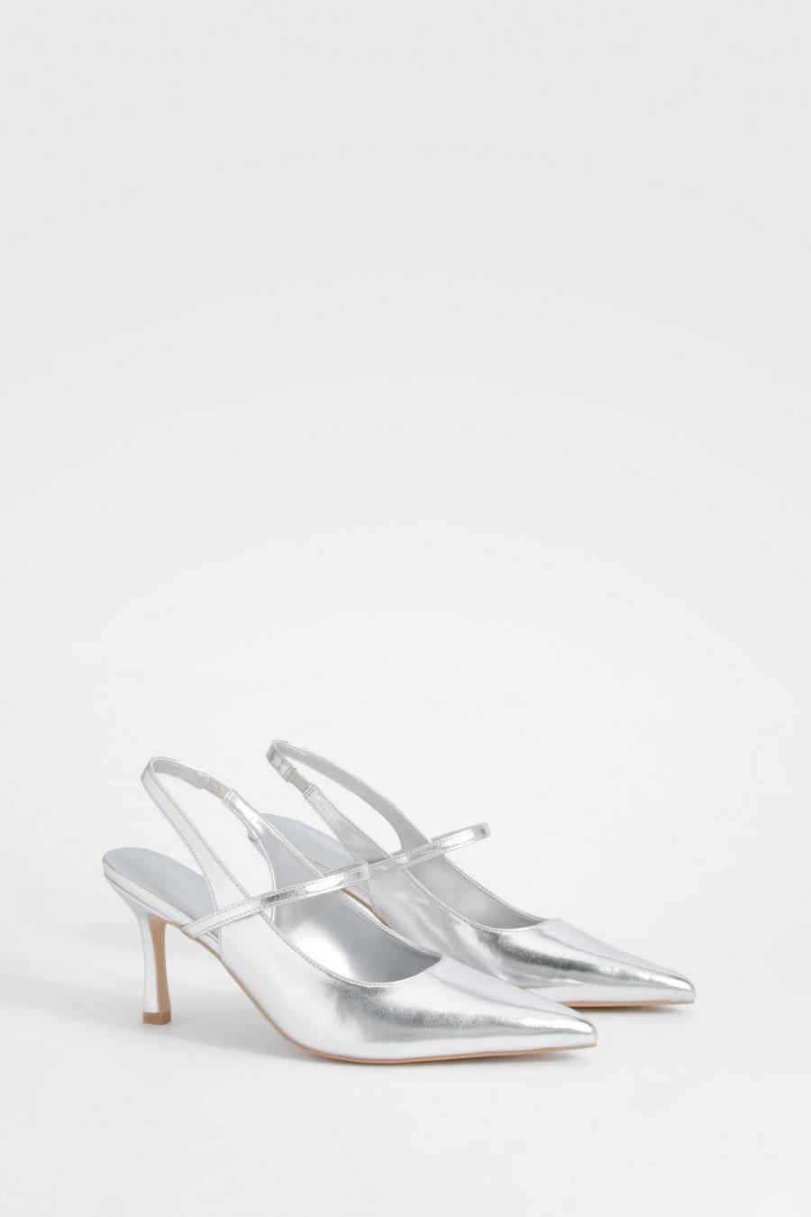 Silver Wide Fit Slingback Strap Detail Court Shoes image number 1