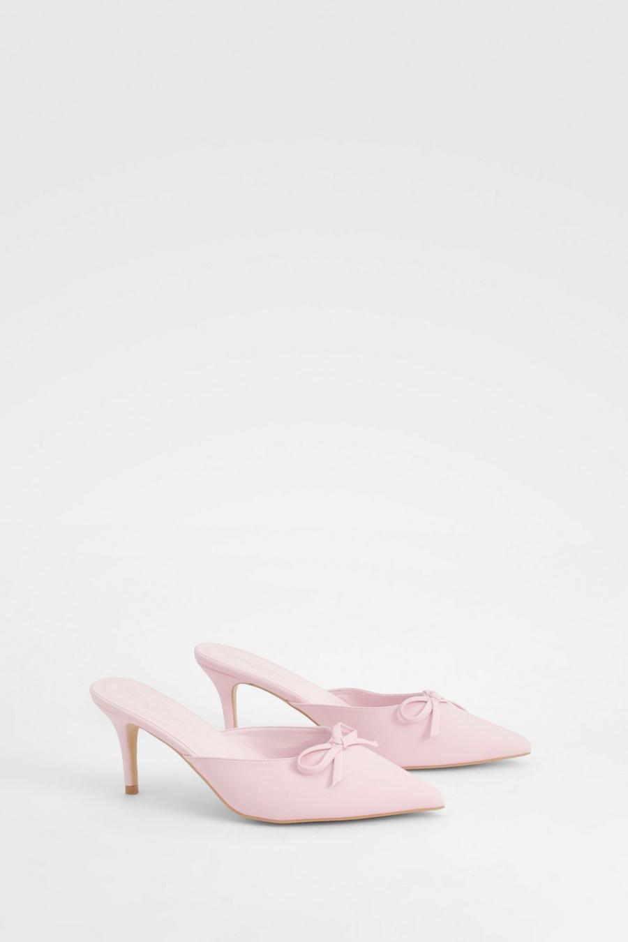 Baby pink Wide Fit Bow Detail Backless Court Shoes image number 1